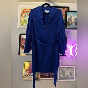 Blue Calvin Klein wrap dress with gold details